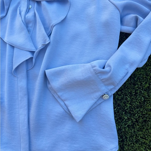Zara Elegant Light Blue Ruffled Women's Top With Jewel Buttons - Picture 3 of 6